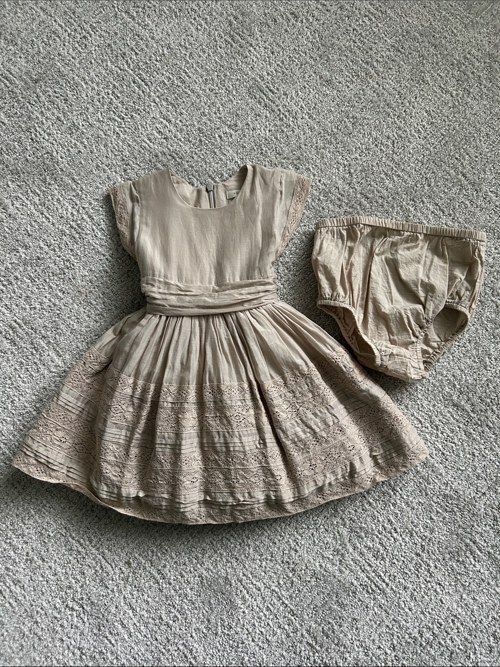Girls Beige Lace-Trim Formal Dress with Matching Bloomers